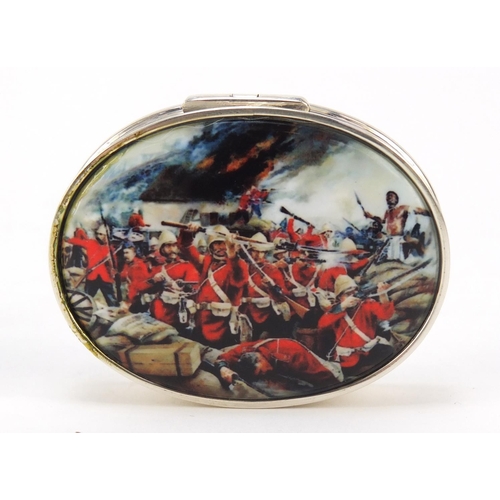 540 - Oval silver snuff box with hinged lid enamelled with a battle scene, 5.5cm wide, 43.2g