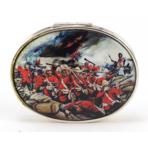 540 - Oval silver snuff box with hinged lid enamelled with a battle scene, 5.5cm wide, 43.2g