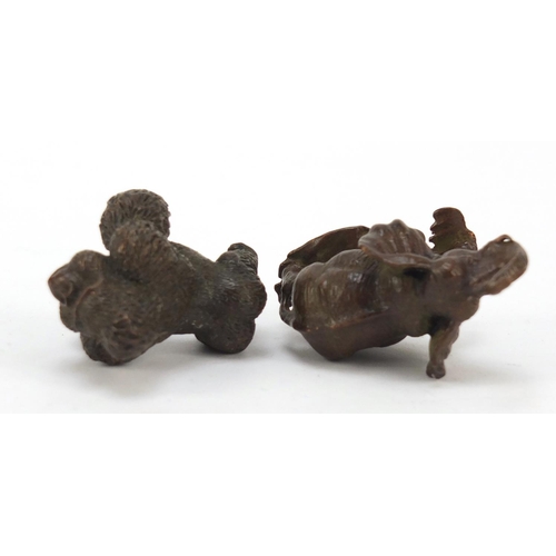 578 - Two Japanese patinated bronze animals of a gorilla and elephant, the largest 5cm high