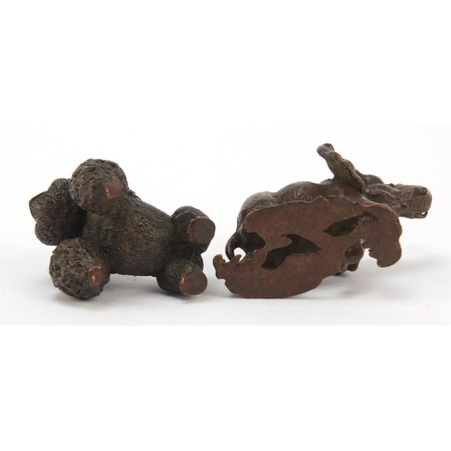 578 - Two Japanese patinated bronze animals of a gorilla and elephant, the largest 5cm high