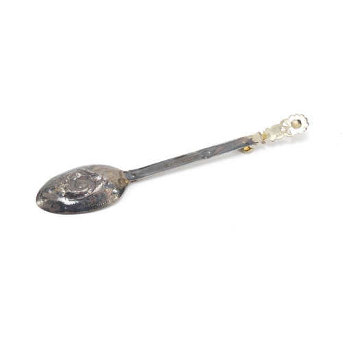 134 - Antique Continental silver spoon, the bowl embossed with a serpent, indistinct impressed marks to th... 