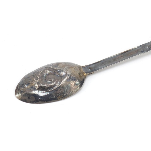 134 - Antique Continental silver spoon, the bowl embossed with a serpent, indistinct impressed marks to th... 