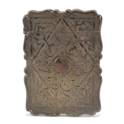 25 - Victorian silver card case engraved with flowers and vines, Birmingham 1871, 10cm high, 54.7g