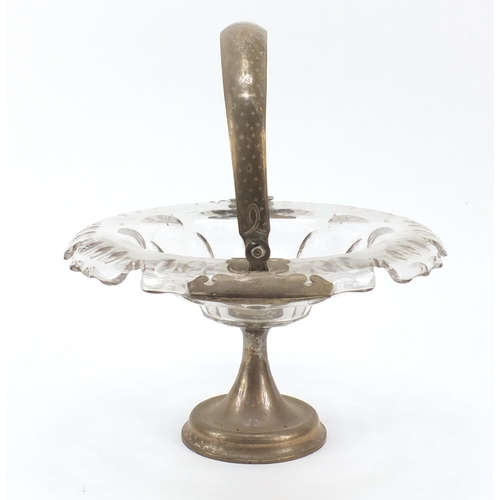 50 - 19th century French cut glass basket with silver swing handle and pedestal, 28cm in diameter