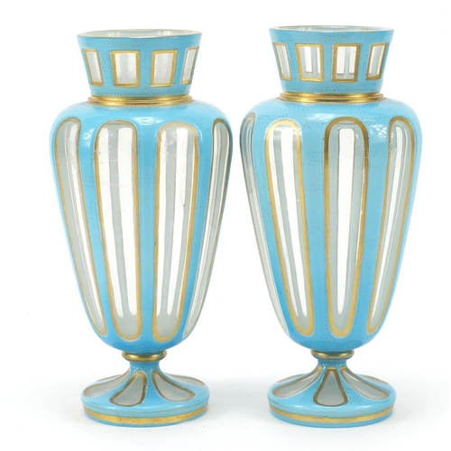 51 - Pair of 19th century French blue opaline vases with gilt borders, 22cm high