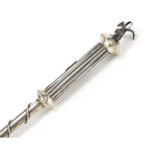 260 - Russian silver Jewish Torah pointer with bird knop, impressed marks A.M 1812, 32cm in length, 46.0g