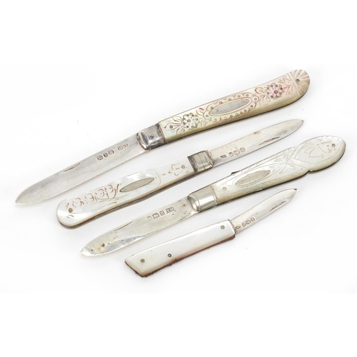 265 - Four Victorian and later silver and mother of pearl folding fruit knives, various Sheffield and Birm... 