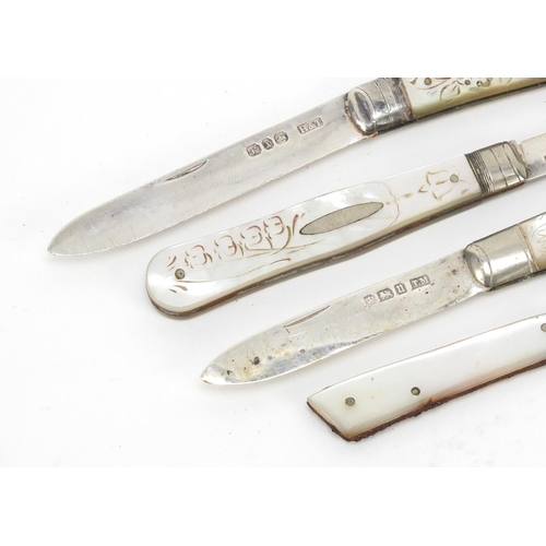 265 - Four Victorian and later silver and mother of pearl folding fruit knives, various Sheffield and Birm... 