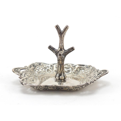 267 - Unmarked silver ring tree with pierced tray, 7cm high, 46.2g