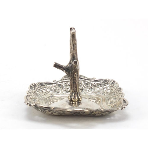 267 - Unmarked silver ring tree with pierced tray, 7cm high, 46.2g