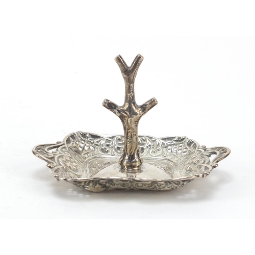 267 - Unmarked silver ring tree with pierced tray, 7cm high, 46.2g