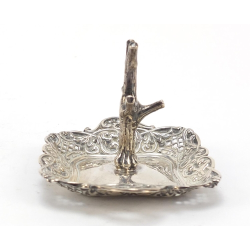 267 - Unmarked silver ring tree with pierced tray, 7cm high, 46.2g