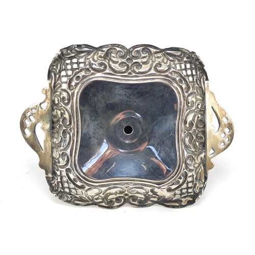 267 - Unmarked silver ring tree with pierced tray, 7cm high, 46.2g