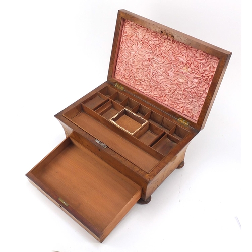 327 - Victorian bird's eye maple work box with lift out interior and base drawer, 20cm H x 38cm W x 24.5cm... 