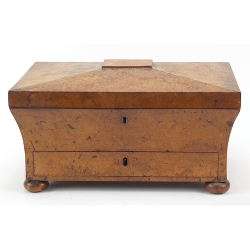 327 - Victorian bird's eye maple work box with lift out interior and base drawer, 20cm H x 38cm W x 24.5cm... 