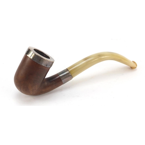 390 - Silver mounted smoker's pipe with horn mouthpiece and fitted case, 16cm in length