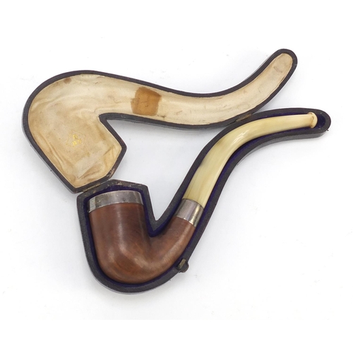 390 - Silver mounted smoker's pipe with horn mouthpiece and fitted case, 16cm in length