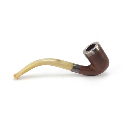 390 - Silver mounted smoker's pipe with horn mouthpiece and fitted case, 16cm in length