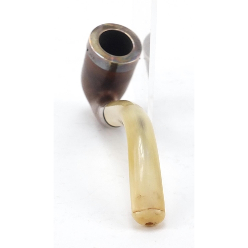 390 - Silver mounted smoker's pipe with horn mouthpiece and fitted case, 16cm in length