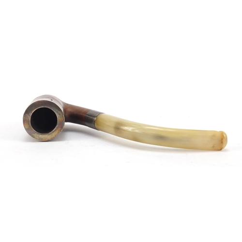 390 - Silver mounted smoker's pipe with horn mouthpiece and fitted case, 16cm in length