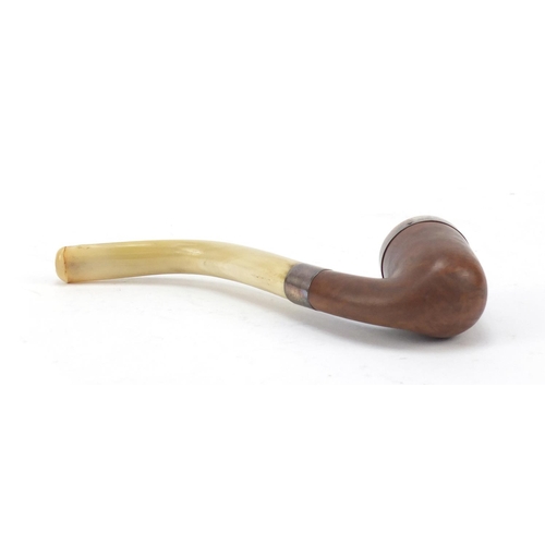 390 - Silver mounted smoker's pipe with horn mouthpiece and fitted case, 16cm in length