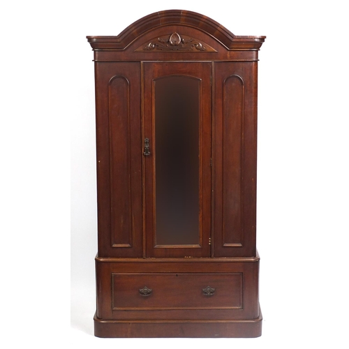 1399 - Victorian mahogany wardrobe with central mirrored door and base drawer, 218cm H x 115cm W x 46cm D