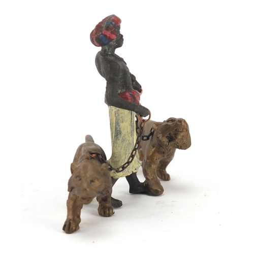 325 - Cold painted bronze of an Arab with two tigers in the style of Franz Xaver Bergmann, 13cm high