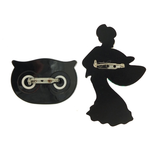 601 - Two Art Deco design brooches in the form of a flamenco dancer and an owls head, the largest 9cm high