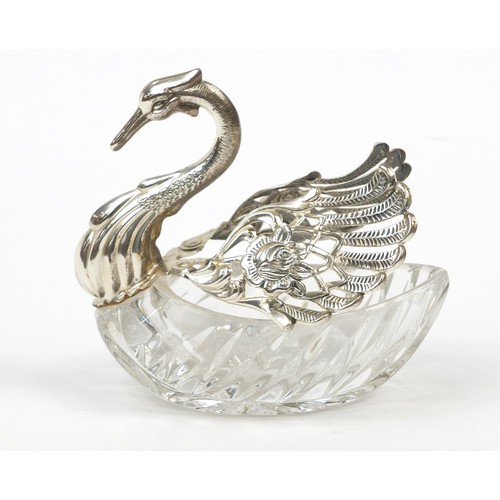 262A - Cut glass and sterling silver table salt in the form of a swan with articulated wings, 12.5cm high