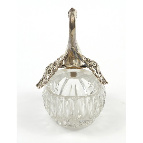 262A - Cut glass and sterling silver table salt in the form of a swan with articulated wings, 12.5cm high