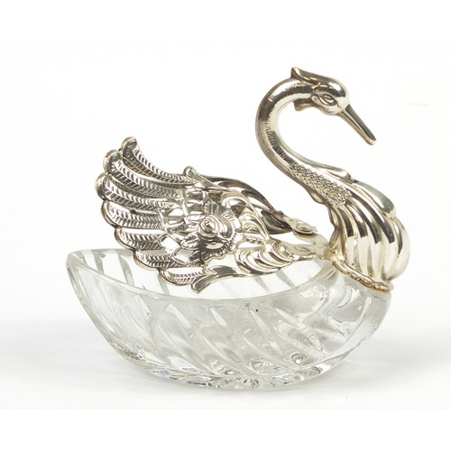 262A - Cut glass and sterling silver table salt in the form of a swan with articulated wings, 12.5cm high