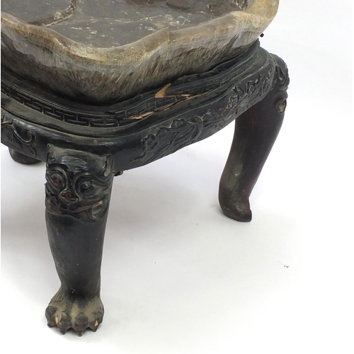 1309 - Large Chinese carved rock crystal tea table on hardwood base, carved with mythical creatures and flo... 