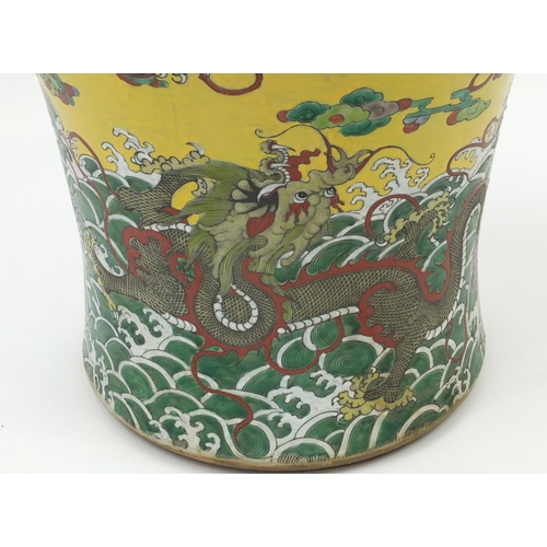 218 - Floor standing Chinese porcelain baluster vase and cover, hand painted with dragons amongst clouds a... 