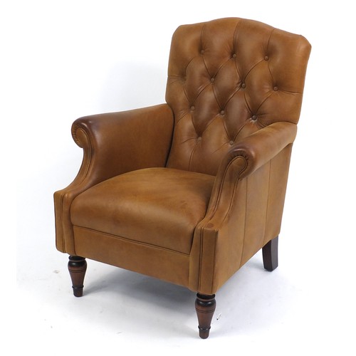 1332 - Brown leather club chair with tan button back upholstery, 100cm high