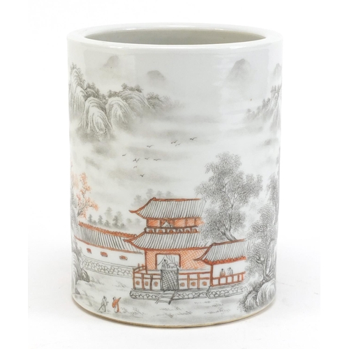 462 - Chinese grisaille porcelain brush pot, hand painted with a winter landscape, iron red character mark... 