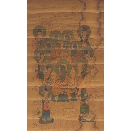 3797 - Sino-Tibetan wall hanging scroll hand painted with deities, with red seal marks, 96cm x 56cm