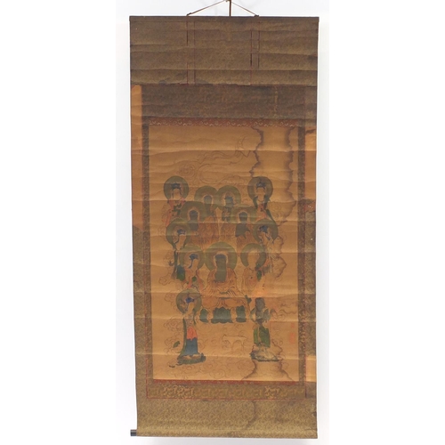 3797 - Sino-Tibetan wall hanging scroll hand painted with deities, with red seal marks, 96cm x 56cm