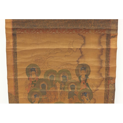 3797 - Sino-Tibetan wall hanging scroll hand painted with deities, with red seal marks, 96cm x 56cm