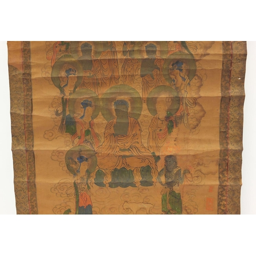 3797 - Sino-Tibetan wall hanging scroll hand painted with deities, with red seal marks, 96cm x 56cm