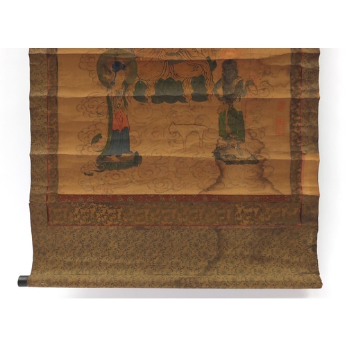 3797 - Sino-Tibetan wall hanging scroll hand painted with deities, with red seal marks, 96cm x 56cm