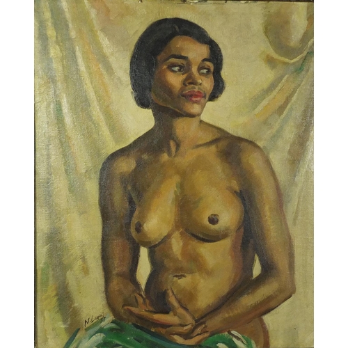 226 - Portrait of a seated nude female, South African school oil on board, bearing a signature N Lewis, fr... 