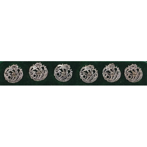 3028 - James Deakin & Sons, set of six Art Nouveau silver floral buttons housed in a silk and velvet lined ... 