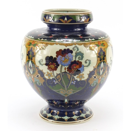 61 - Rozenburg, Dutch Art Nouveau vase hand painted with panels of stylised birds and flowers, numbered 4... 