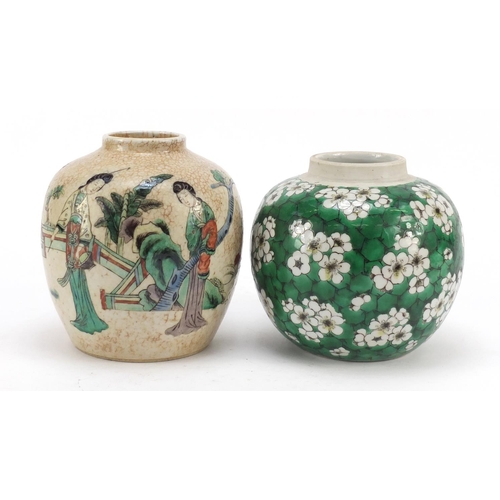 508 - Two Chinese porcelain ginger jars including a crackle glaze example hand painted in the famille vert... 