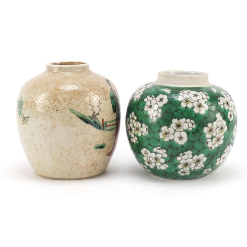 508 - Two Chinese porcelain ginger jars including a crackle glaze example hand painted in the famille vert... 