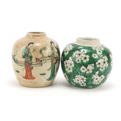 508 - Two Chinese porcelain ginger jars including a crackle glaze example hand painted in the famille vert... 