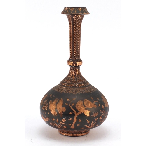 3788 - Asian copper vase engraved with birds amongst flowers, 25cm high