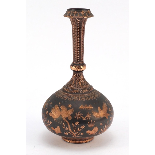 3788 - Asian copper vase engraved with birds amongst flowers, 25cm high