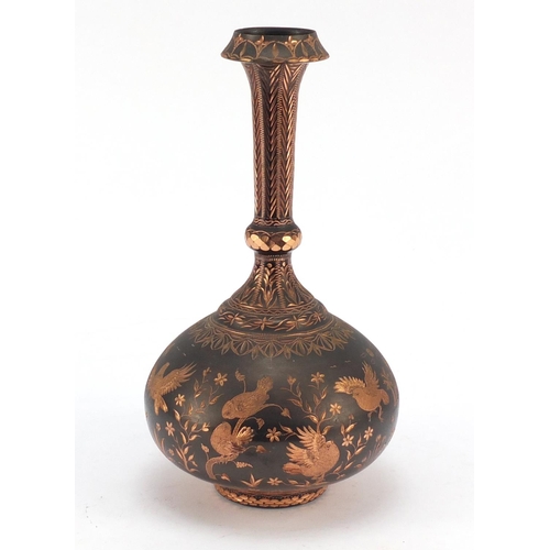 3788 - Asian copper vase engraved with birds amongst flowers, 25cm high