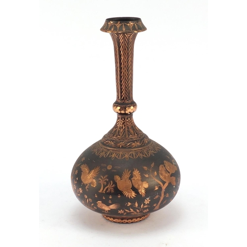 3788 - Asian copper vase engraved with birds amongst flowers, 25cm high